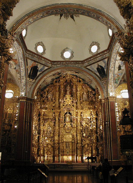 Tepotzotlan: One of the most important masterpieces of colonial baroque in Latinamerica is the altar of San Francisco Javier, at Tepotzotlan Mexico.  This is a shot of the wood altar all covered with laminated gold. I wish the image coud be more clearly detailed, but 