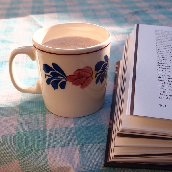 coffee in garden: Drinking coffee and reading a book in the early summer morning