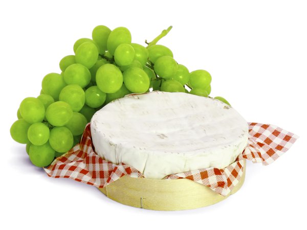 Grapes & Cheese: Green grapes and cheese, isolated on white background.