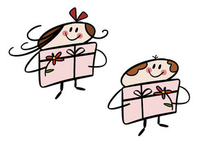 Cartoon clip-art set: Boy and : Colorful cartoon set for mother's day, birthday and similar holiday occasions: Little girl and little boy holding a gift package