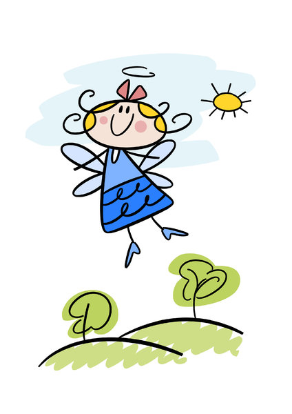Cute little cartoon angel: Colorful doodle illustration of a happy little angel girl