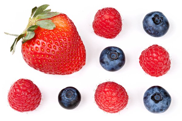 Berry Mix: Mix of strawberry, blueberries, and raspberries isolated on a white background.