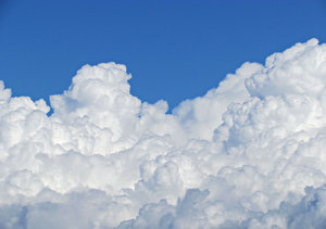cauliflower clouds: white cumulonimbus clouds against a blue sky