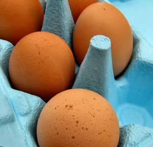 egg pack5: brown eggs in colourful blue egg carton - 6 pack
