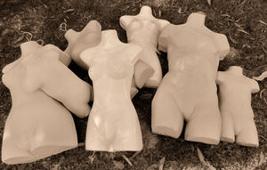 turffed out torsos1: discarded muliple male, female and child mannequin front torsos