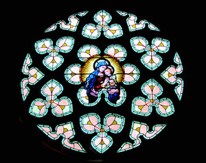 mother and child window: historic church stained glass window depicting madonna and child/Mary and Jesys
