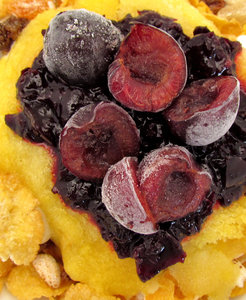 breakfast7: a gluten-free cereal muesli breakfast with mango puree, cherry sauce and frozen cherries