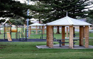 playground & picnic shelters: small public park playground & picnic shelters