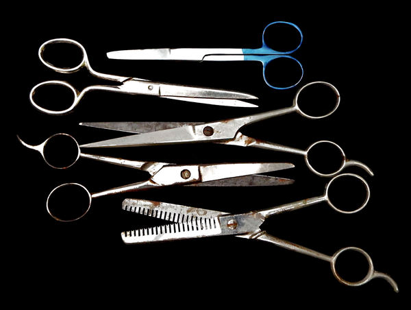 scissors5: variety of old and used scissors - including hair cutting & thinning scissors