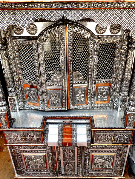 fine filigree cabinet1: fine metalwork on Indian cultural/religious home cabinet