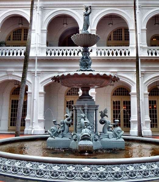 colonial courtyard fountain: elaborate 1890 Scottish manufactured cast iron fountain in Singapore colonial courtyard