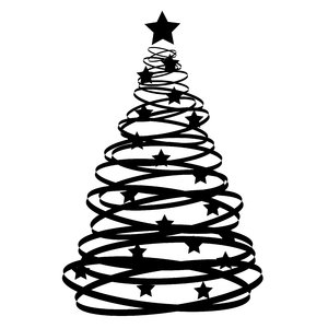Abstract Xmas Tree: An abstract Christmas tree silhouette with stars.  Black over white.