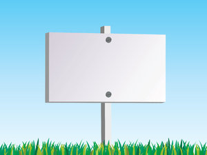 Blank Sign: Blank sign situated on grass with a blue gardient background.  Illustration with lots of copyspace.