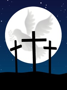 Calvary: The three crosses silhouetted over a moon with dove of peace crater detail.
