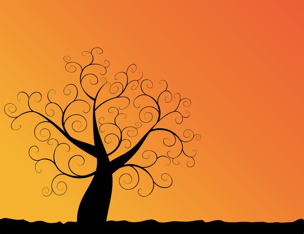 Autumn Sunset 2: Abstract swirly tree with autumn leaves and sunset orange background..