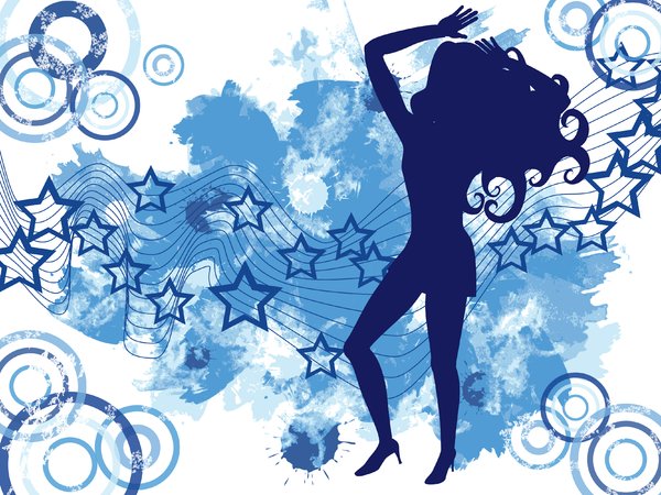 Star Girl: Dancing girl silhouette on an abstract background of circles, stars and grungy water colour.