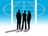 Business World 2: Three business people silhouettes against a world atlas symbol
