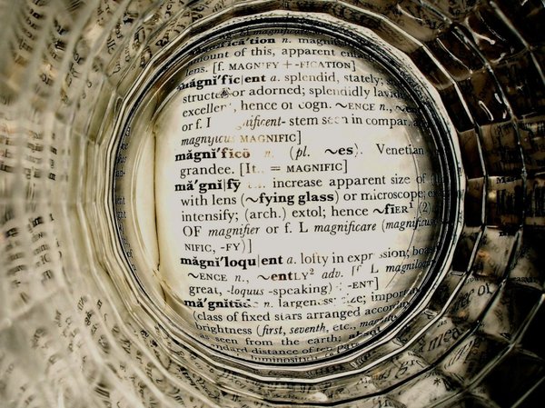 Magnified: The word magnify in a dictionary viewed through a magnifying glass cover