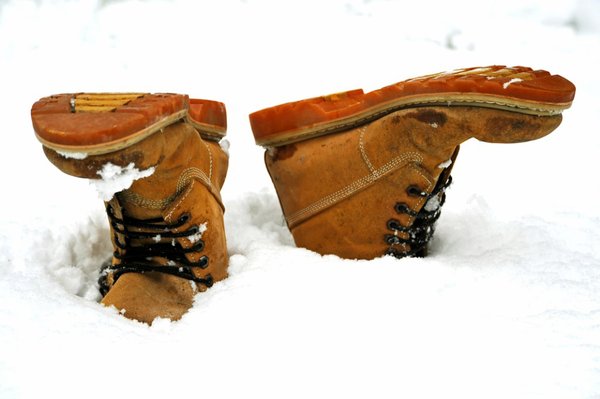 Snow Boots: A pair of brown boots after a heavy snowfall