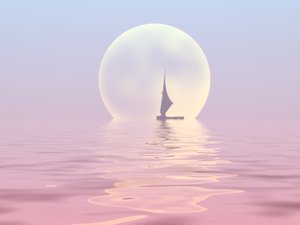 Sailor Moon 1: Silhouette of a sailboat on water with a large moon in the background.