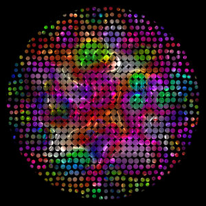Sequinned Sphere: Colourful orb made up of smaller orbs like sequins. Eyecatching colours and pattern for a flyer, fill, background or texture.