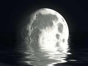 Moon and Water 1: A giant moon that seems to be sinking into the water.