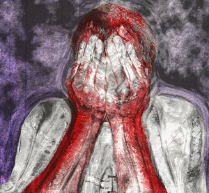 Victim: A man covering his face with his hands. The red colouring could represent blood. A sketchy, dark, grunge effect. Could lillustrate psychiatric illness, torture, victimisation, road trauma, despair,  etc. You may prefe  http://www.rgbstock.com/photo/oSqzLmi/Crying+Child+1