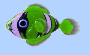 A Little Fish 1: A cute little 3d fish in green, black and pink, against a blue background.