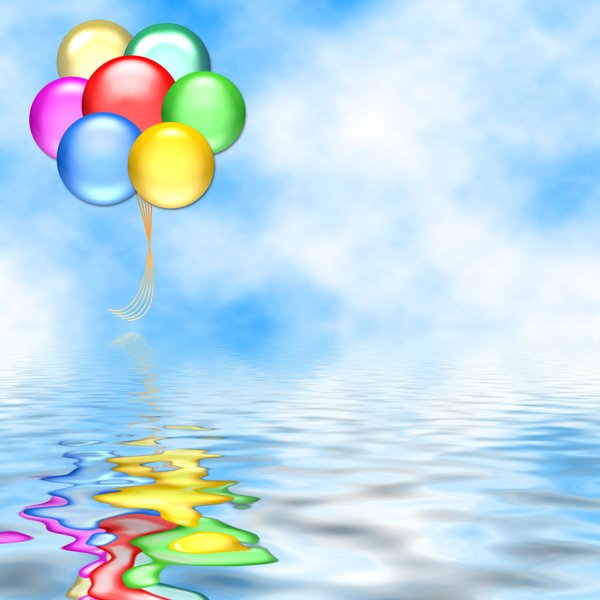 Balloons 7: Graphic of balloons on a background of sky, above water, with copyspace. Primary colours. Makes a great card or invitation. No commercial cards without my express permission.