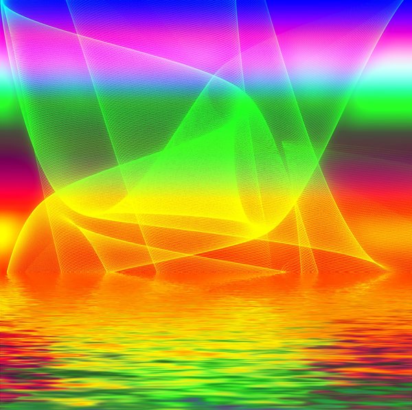 Rainbow Coloured Fantasy: Futuristic background. Bright shapes and colours, swirls, and reflections in water.