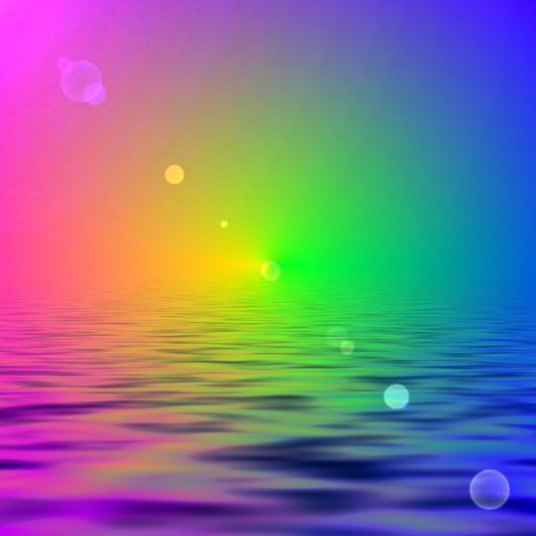 Rainbow, Water, Lensflare: Abstract rainbow coloured sky and water with lensflare. Although the filter pixelates the image, it is still useful for a background or blend.