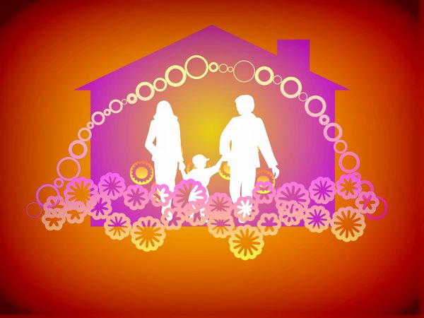 Happy Family Happy Home 4: Silhouettes of a happy family with symbolic decorations and a house shape in the background. None of my images are to be redistributed. Silhouettes from Manfreid Klein - free to use commercially.
