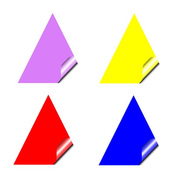 Stickers 4 Triangles: Triangular stickers with a lifted corner, in primary and pastel colours. Copyspace for your pricing, message or announcement. May be used as web buttons.
