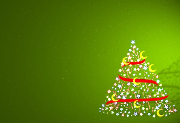 Candy Cane Tree: A Christmas tree made of stars, candy canes, ribbons and moons, against a green gradient background.