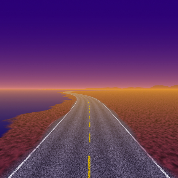 Moving On 5: An empty highway running along the coast, with a clear sky. Purple and orange tones.