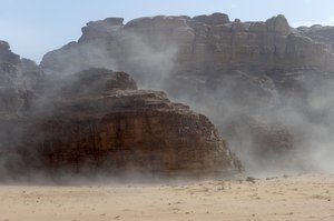 Sandstorm in desert Wadi Rum: Sandstorm in Wadi Rum desert