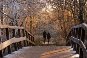 Winter walk: Couple walking over a bridge in a winter setting